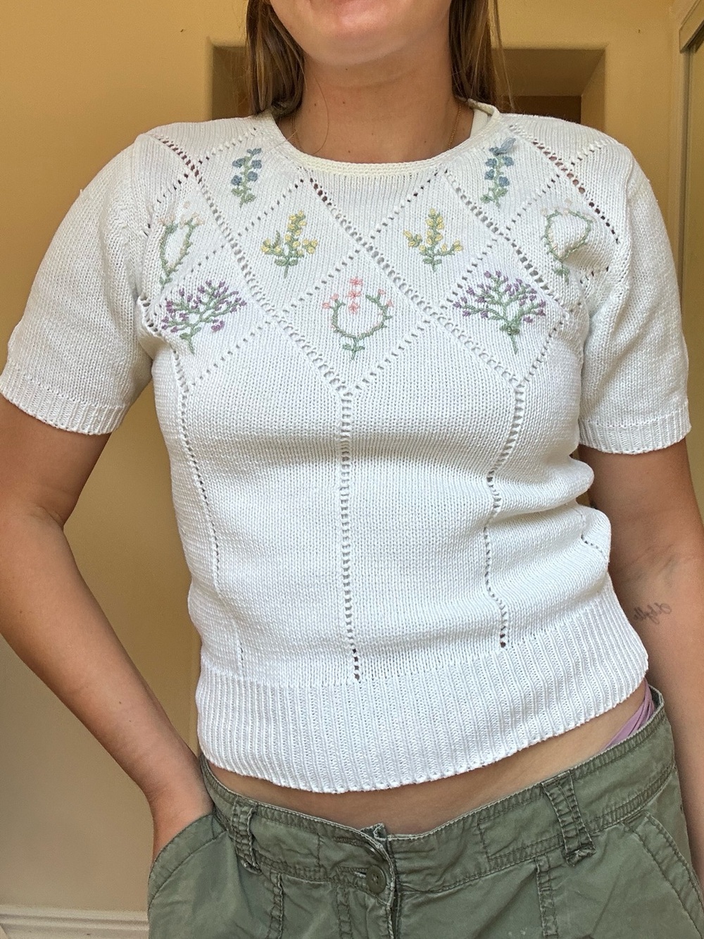 Vintage White Knit Floral Top